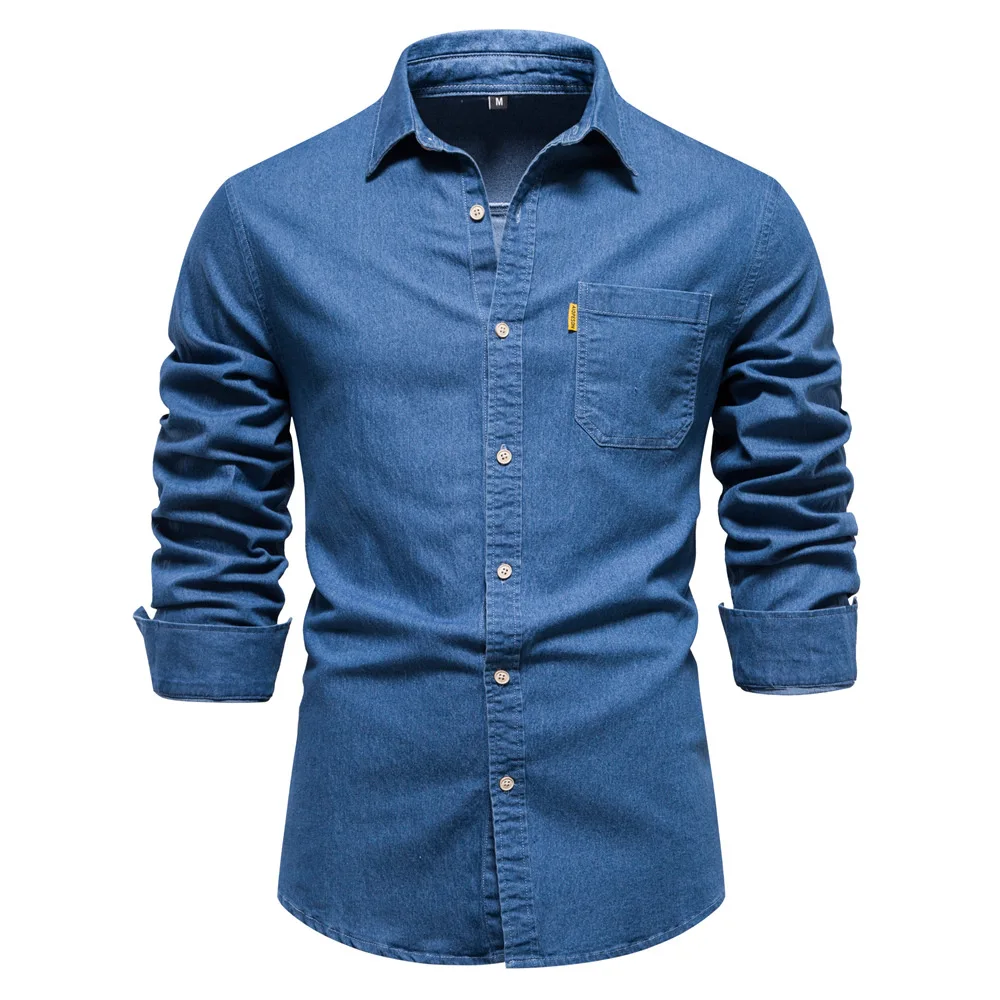 

Autumn New Cotton Men's Denim Shirt Solid Color Turn Down Single Pocket Casual Long Sleeve Shirt Slim Fit Designer Shirt for Men