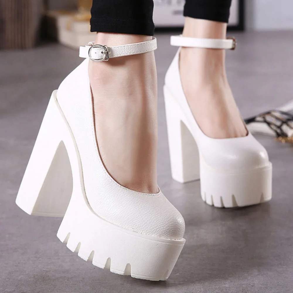 Sorphio Platform High Heeled Mary Janes Shoes Buckle Strap Round Toe Chunky High Heel Ankle Strap Pumps Fashion Shoes For Woman