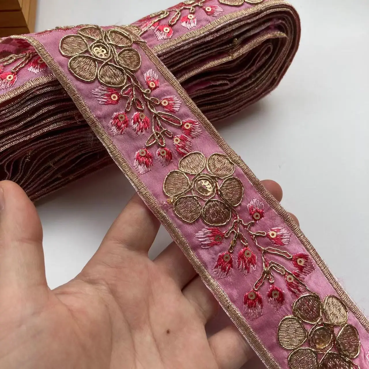 1 Yard Rose Red Embroidery Flowers Sequin Fabric Lace Ribbon Ethnic Clothing Dress Sewing Trims Craft Decoration Accessories