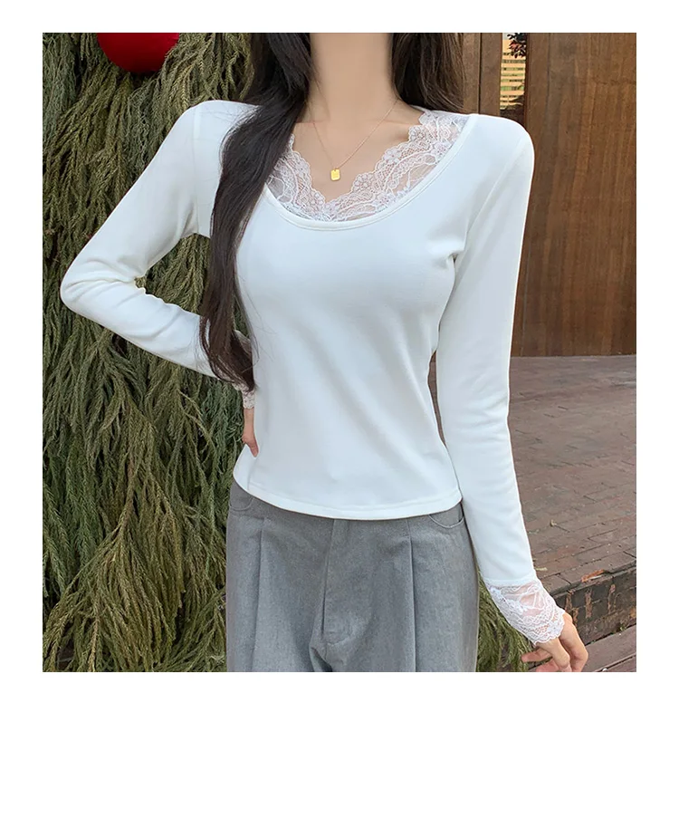 2026 Herbst Winter Damen T-Shirt Spitze Schlankes Basis-T-Shirt Elegantes Vielseitiges Strick-Layering-Oberteil mit Langen Ärmeln für Damen Neu eingetroffenes T-Shirt – Detail 1