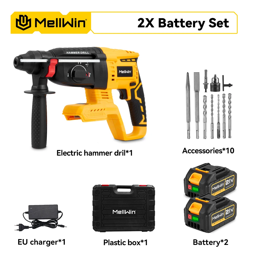 MELLWIN 1680W Borstelloze Elektrische Hamerboor 26MM Draadloze Roterende Slaghamer Houtbewerking Power Tool Voor 21V 18V batterij