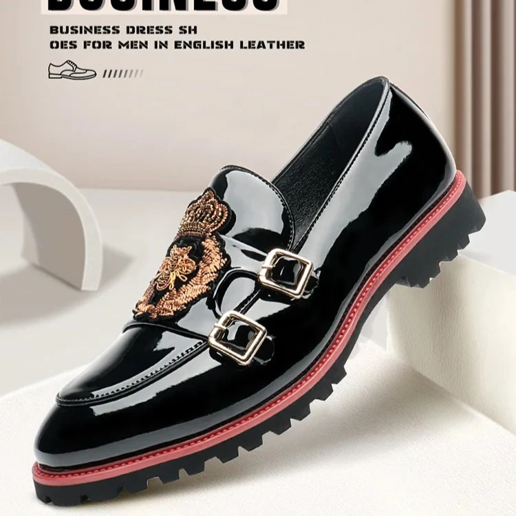 

Luxury Designer Shoes for Men Fashion Embroidery Monk Shoe Quality Patent Leather Business Shoes for Men Classic Slip on Loafers