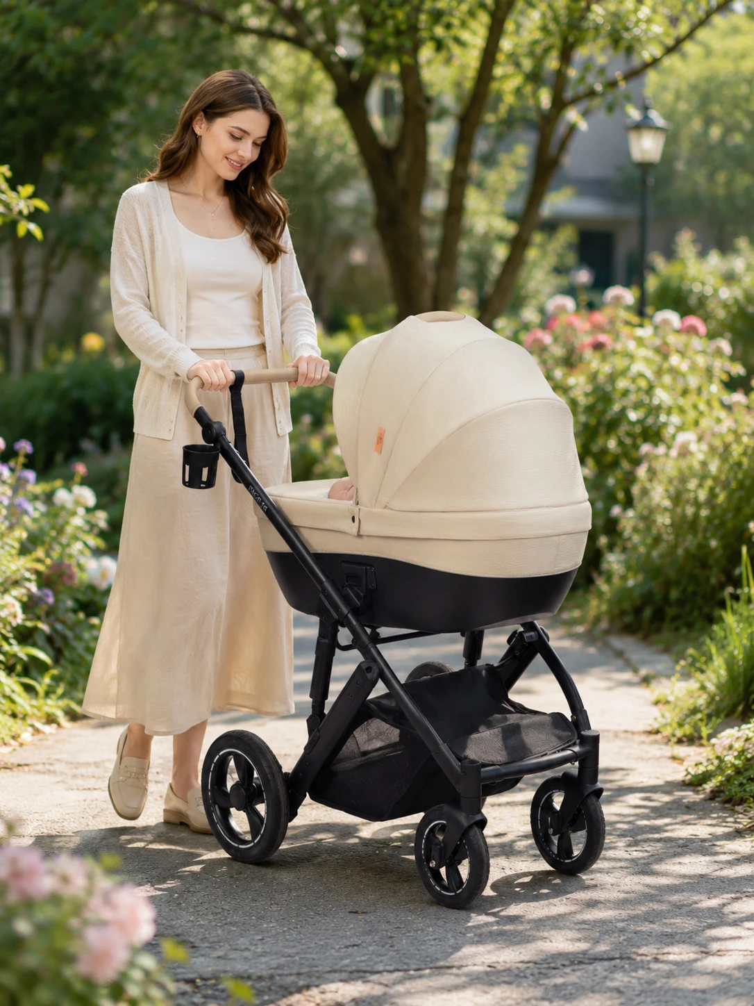3-in-1-Kinderwagen, umwandelbarer Babykorb, beidseitig verwendbar, kompaktes Design, faltbarer Kinderwagen mit stoßdämpfenden Rädern, verstellbarem Griff, Ablagekorb, Fünfpunkt-Gurt, kompakt