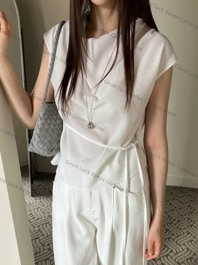 

2025 Slimming Chic Summer Women's irt Irregular Belt Waist Cinching High Ne ort Sve Color Commute Sle