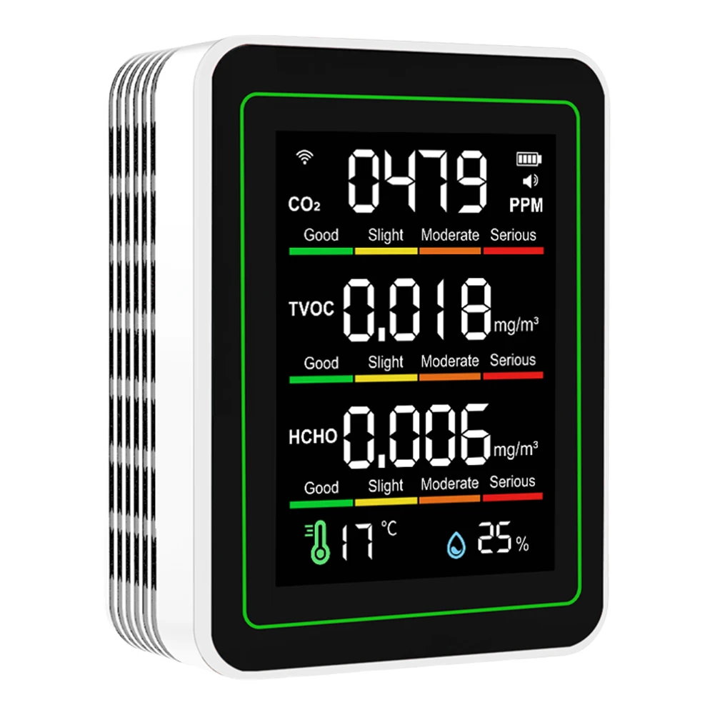 مراقبة جودة الهواء الذكية تعمل بالبطارية داخلي واي فاي كاشف جودة الهواء درجة الحرارة والرطوبة جودة الهواء متر ل AQI CO2 #4