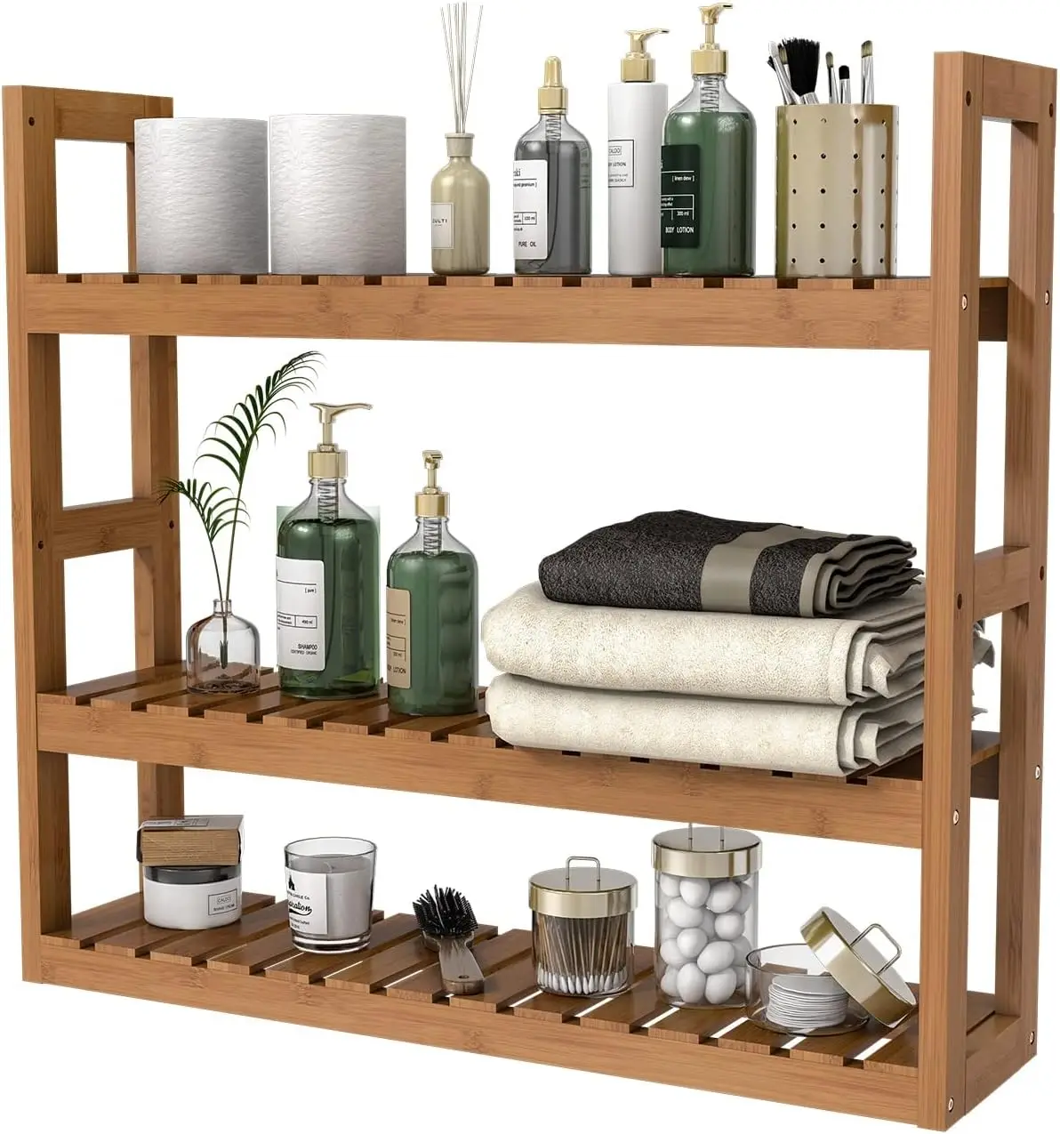 

Bamboo Bathroom Shelf 3-Tier Wall Mount Storage Rack Multifunctional Adjustable Layer Free Standing