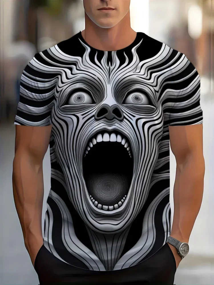 2026 Stylish Men's 3D Printed Tee Weird Spiral Eye Screaming Face Abstract Striped Crew Neck T-shirt Hip Hop Streetwear Tops