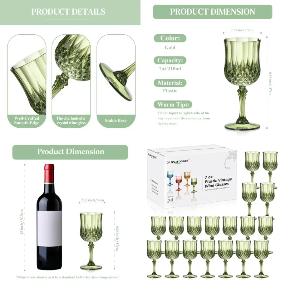

Pcs 7oz Plastic Vintage Wine Glasses Drinking Glasses Unbreakable Wedding Glassware Crystal Water Goblets Reusable Drinkware Vi