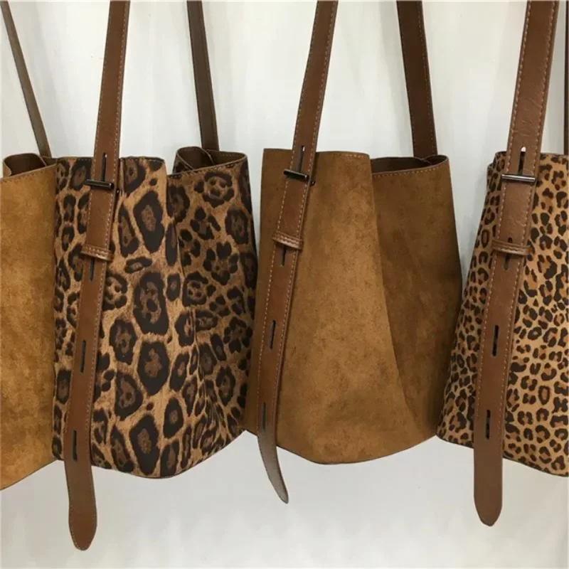 

Meet You 2 Piece/set Autumn Women's Vintage Faux Suede Leopard Print Bucket Bag Soft Large Capacity Commuter Shoulder Bag Female