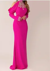 Luxury High Neck Beads Prom Dresses Off Shoulder Italy Satin Long Sleeves Textured Evening Dress Formal Occasion Party Dresses