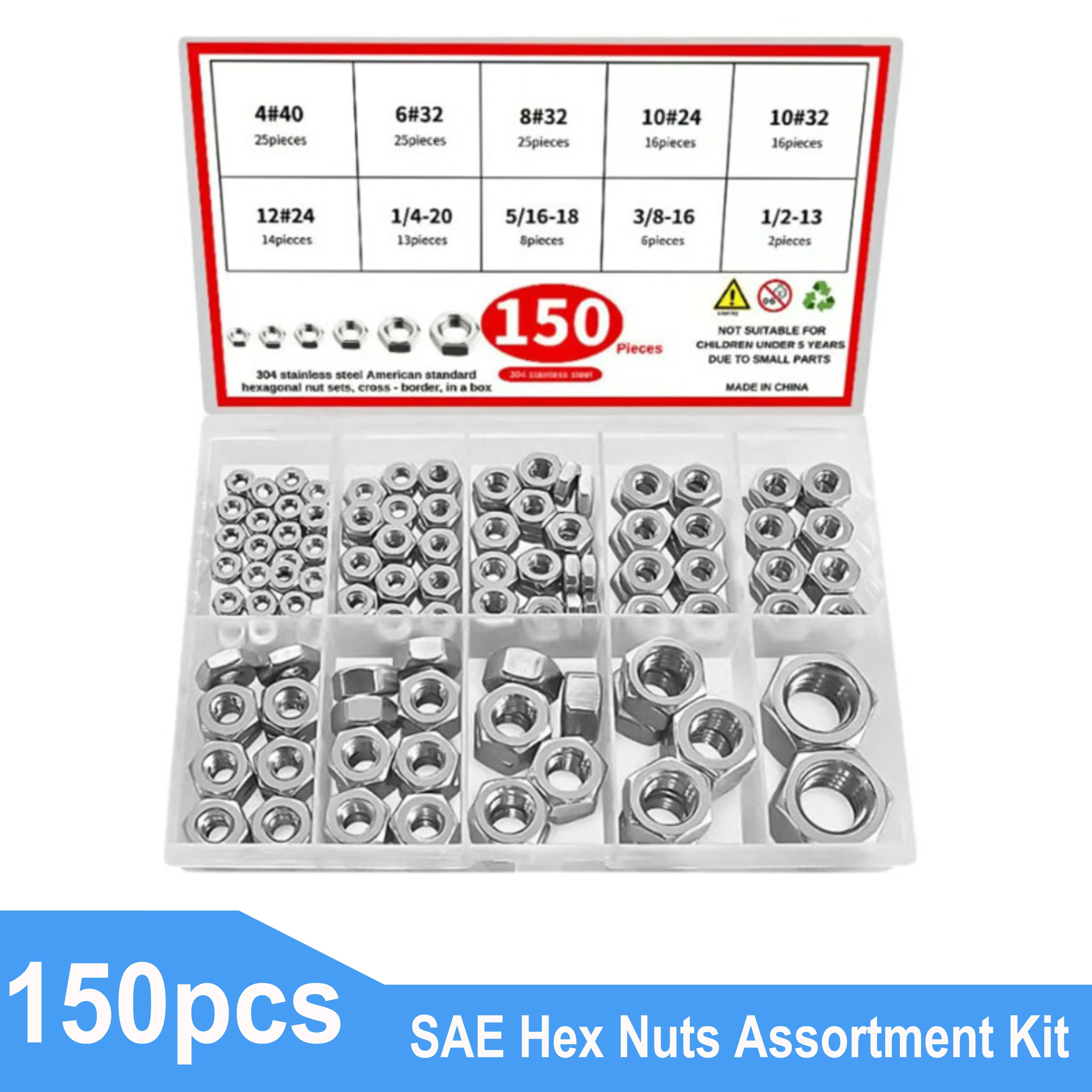 

150pcs SAE Hex Nuts Assortment Kit,4#40 6#32 8#32 10#24 10#32 12#24 1/4-20 5/16-18 3/8-16 1/2-13 Hardware Nuts Set Stainless Ste