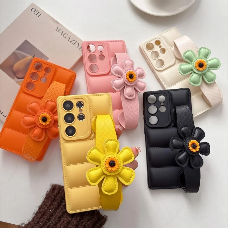 Luxury Down Jacket Sunflower Wristband Case for Samsung Galaxy S26 Ultra S25 S24 Ultra S23 S22 Plus S21 FE A55 Soft Edge Cover