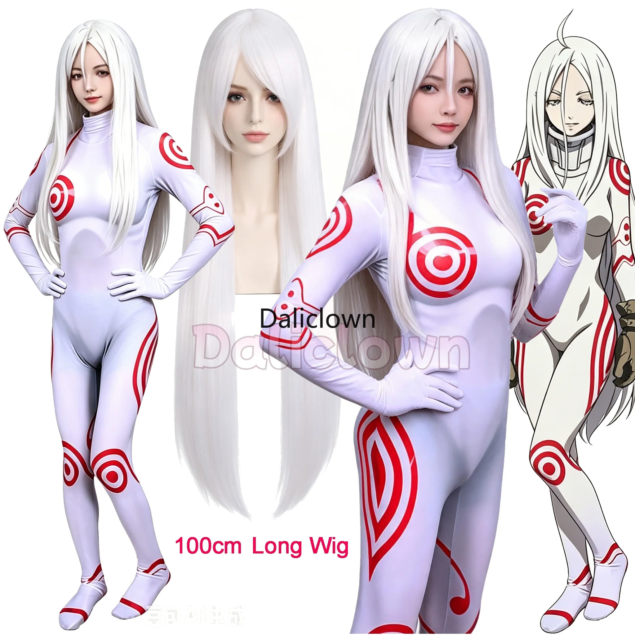 Disfraz de Cosplay de Shiro de Deadman Wonderland, Anime Manga, Traje Zentai para Adultos, Peluca Blanca de 100 cm, Mono de Halloween, Catsuit