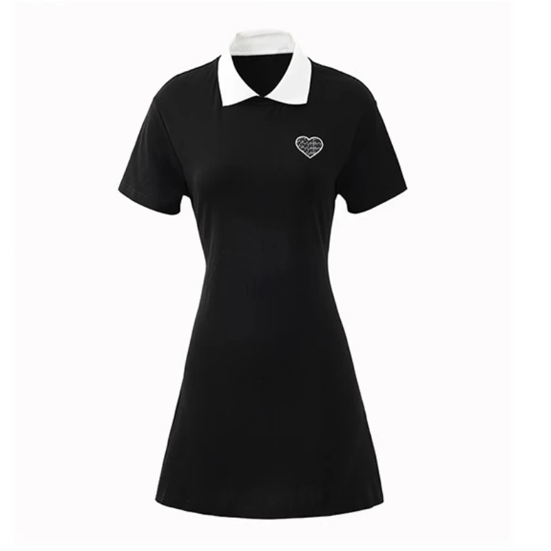 Black High Waist Polo Dress Women Preppy Style Contrast Collar Heart Print Short Sleeve Dress Summer Casual Slim Fit Midi Dress