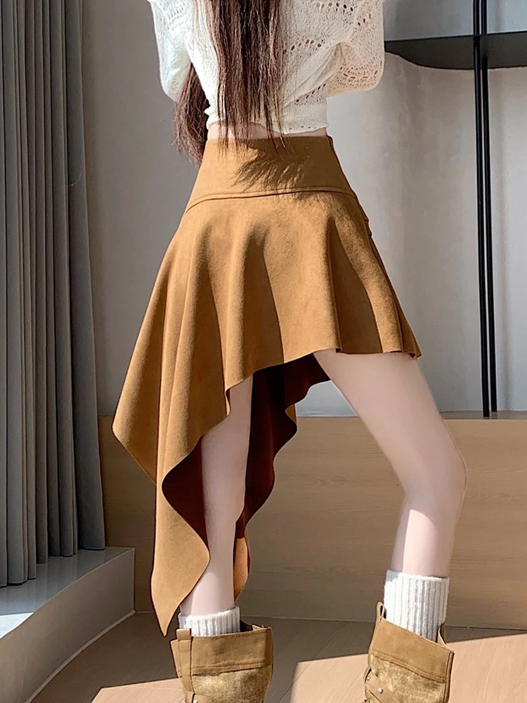 Fall Winter Irregular Faux Suede Knee Length Skirt Women High Waisted Streetwear Asymmetric Vintage Y2K Midi Skirts Lady