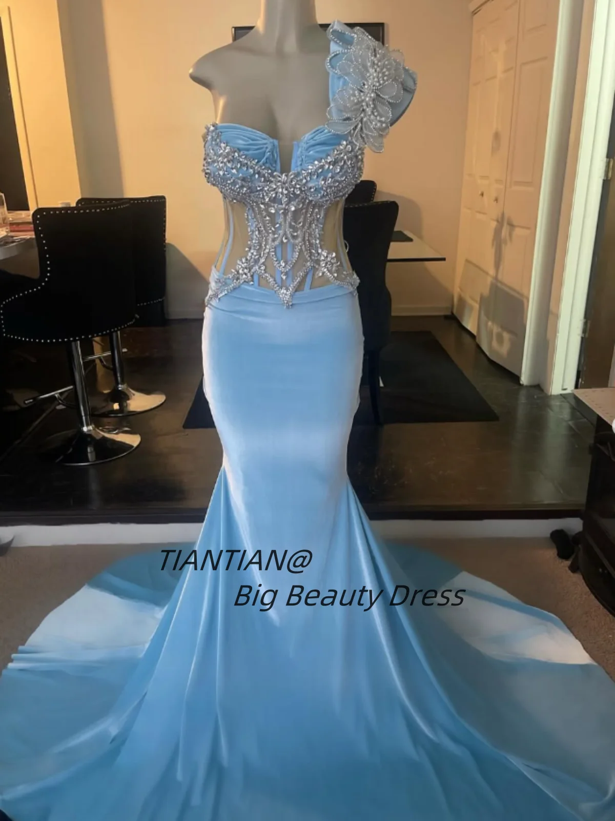 

Luxury Rhinestones 3D Floral Pearl Prom Dresses One-shoulder Mermaid Evening Party Gowns Customized vestidos de fiesta elegantes