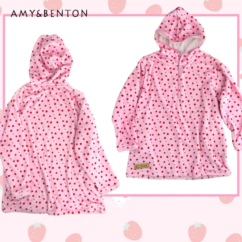 

Japanese Cute Fruit Print Coral Fleece Women's Sleep Dress Autumn Winter New Warm Fleece Loose Hooded Homewear Dresses Ladies