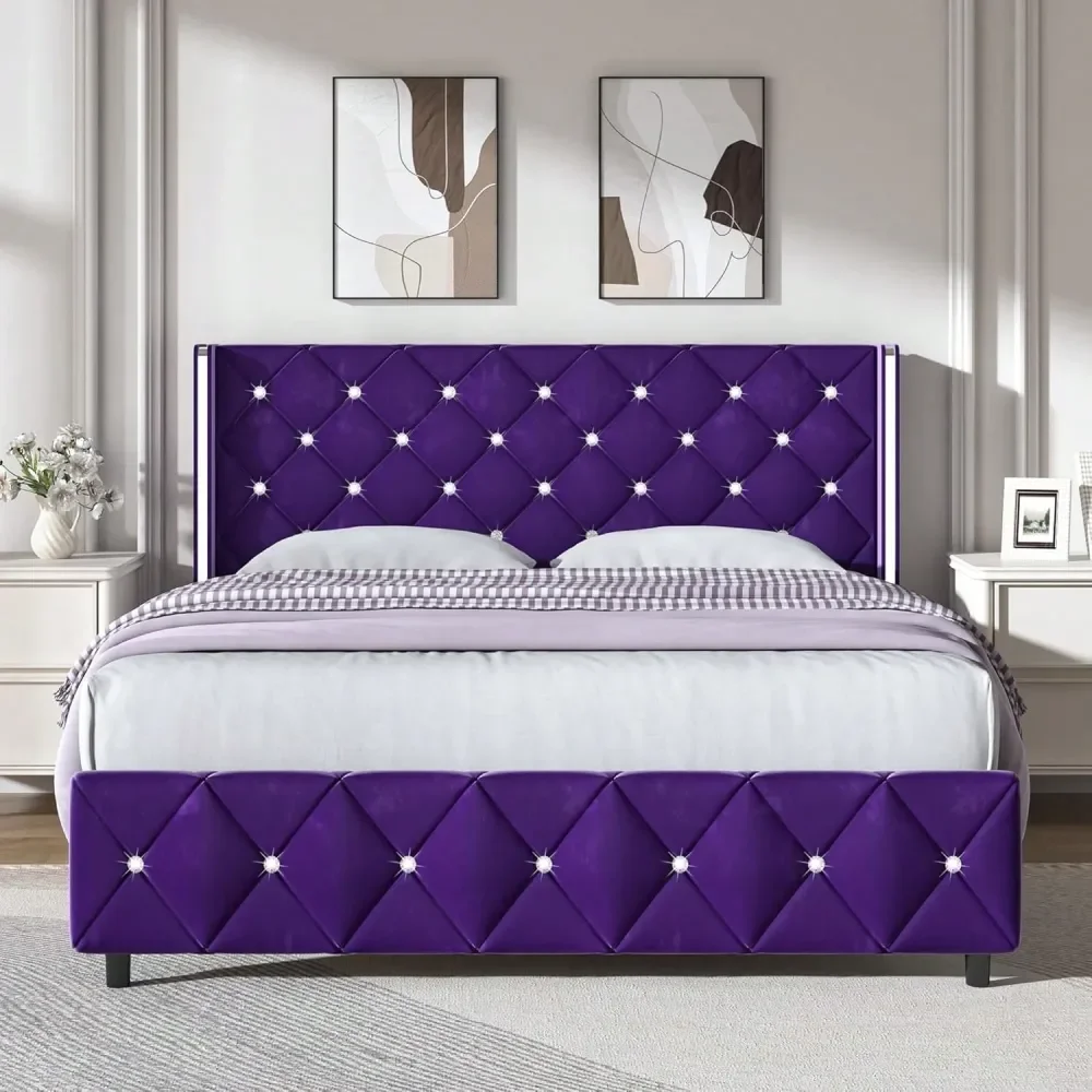 

Bed Frame With Diamond Tufted Wingback Headboard Modern Velvet Bed Frame, No Box Spring Needed With Wood Slat Support, Easy Asse