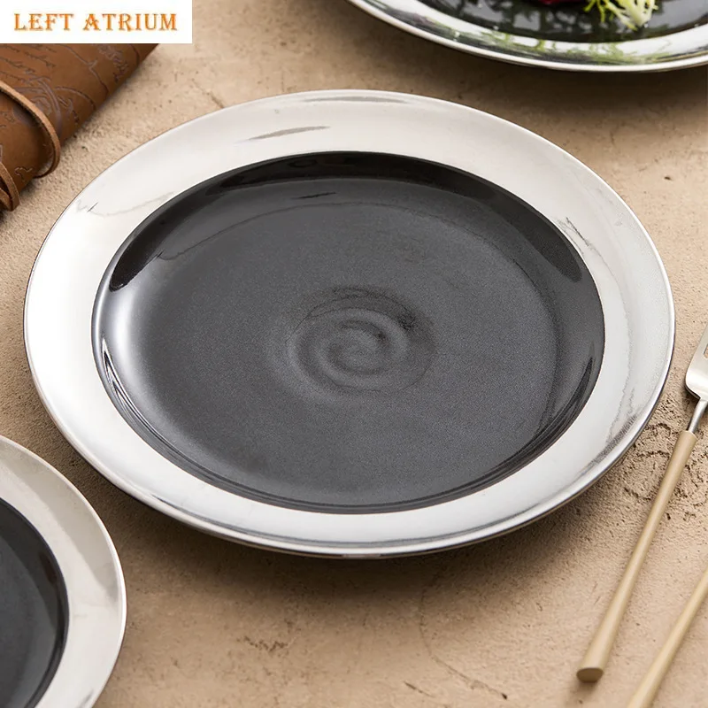 

Cloud Patterned Black Gold Glazed Silver Plated Ceramic Plates, Soup Plates, Circular Dessert Plates, Restaurant Tableware