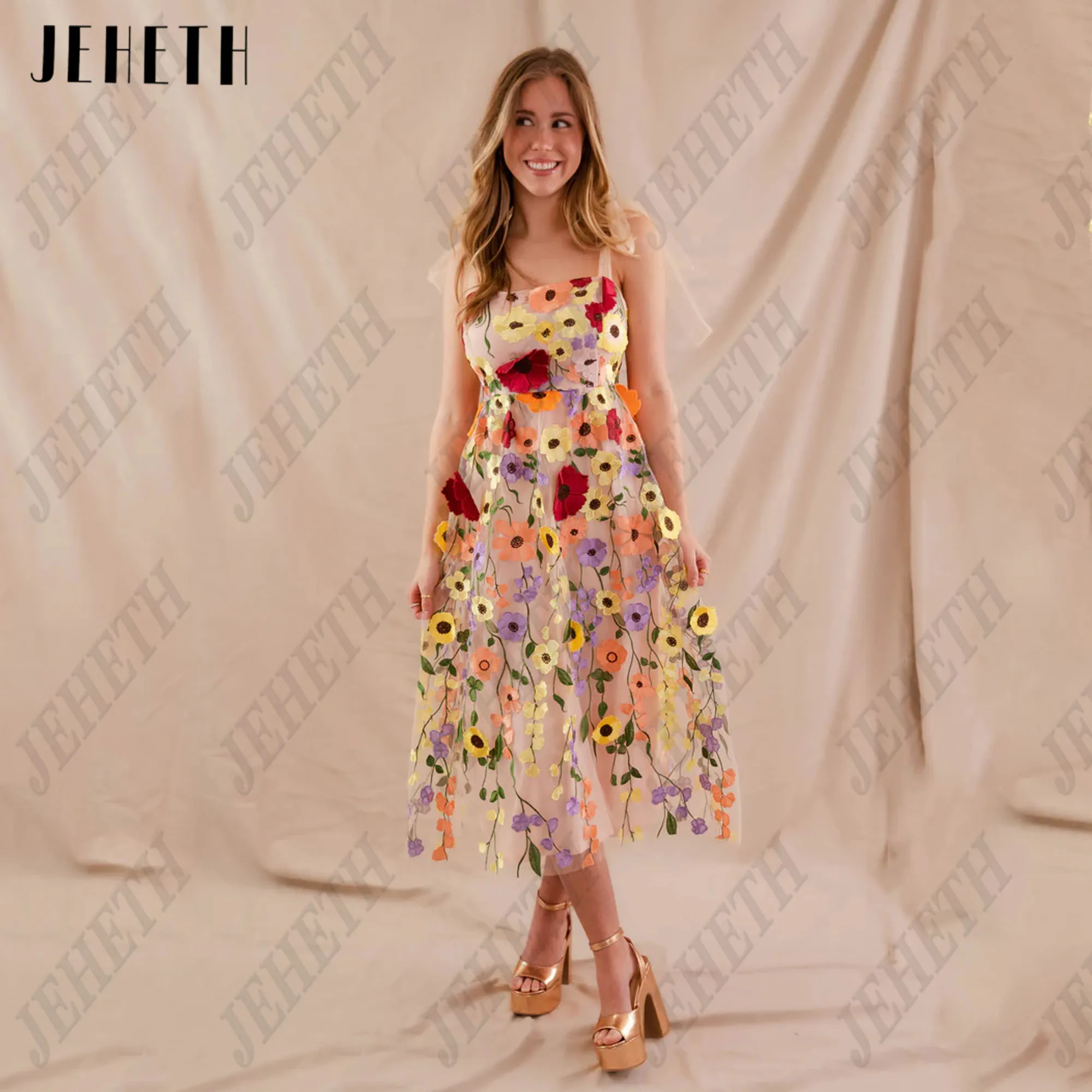 

JEHETH Customized Midi Flowers A line Prom Dress 2025 Spaghetti Straps Homecoming Dresses Tea-Length Tulle Wedding Party Gowns