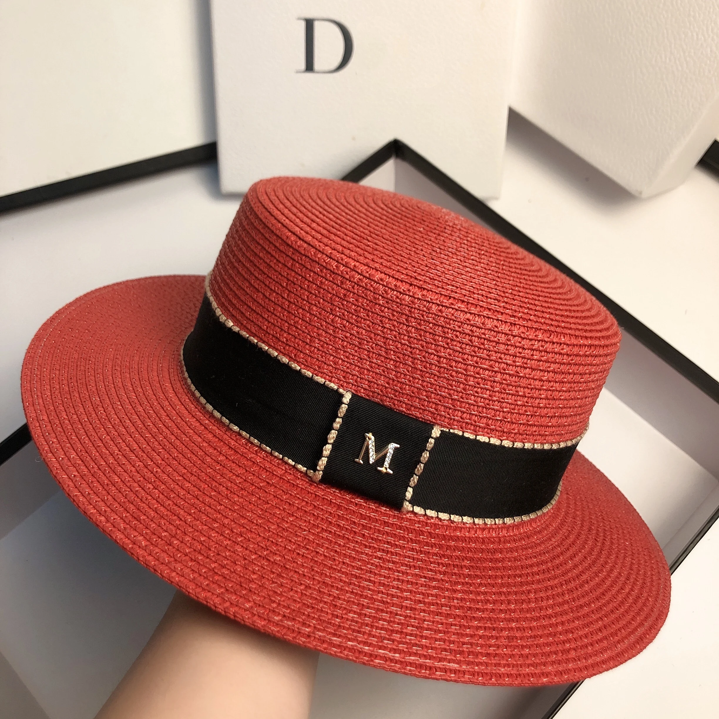 Summer big brim riding sunshade straw hat fashion simple beach sun hat outdoor travel British style personality flat top hat wom