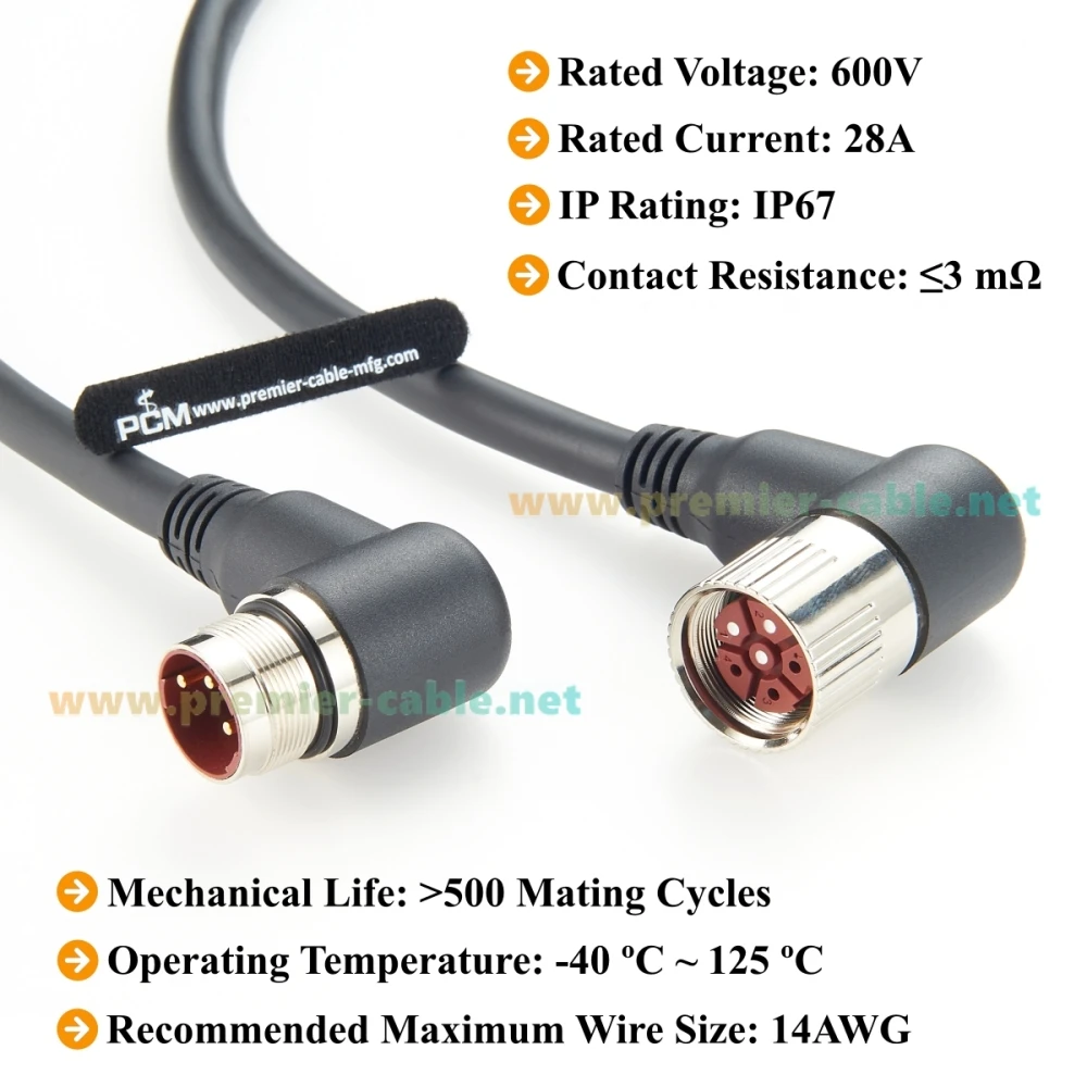 Right Angle M23 3 Pin Male to Female Power Extension Cable IP67 Waterproof Industrial M23 Circular Connector for Servo Motor
