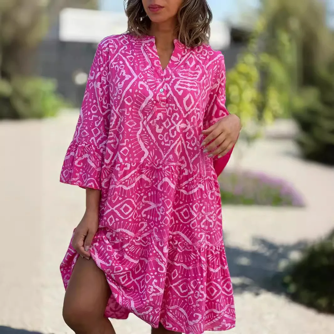 

Casual Lady Dress Vestidos Women Spring Summer Dress Horn Sleeve Dress A-line Patchwork Loose Hem Bohemian Midi Dress