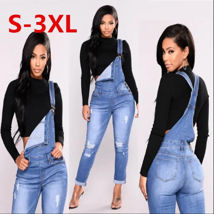 

Fashion Women's High Waist Denim Jumpsuit with Ripped Details And Straps Spring Autumn Regular Thickness Light Color