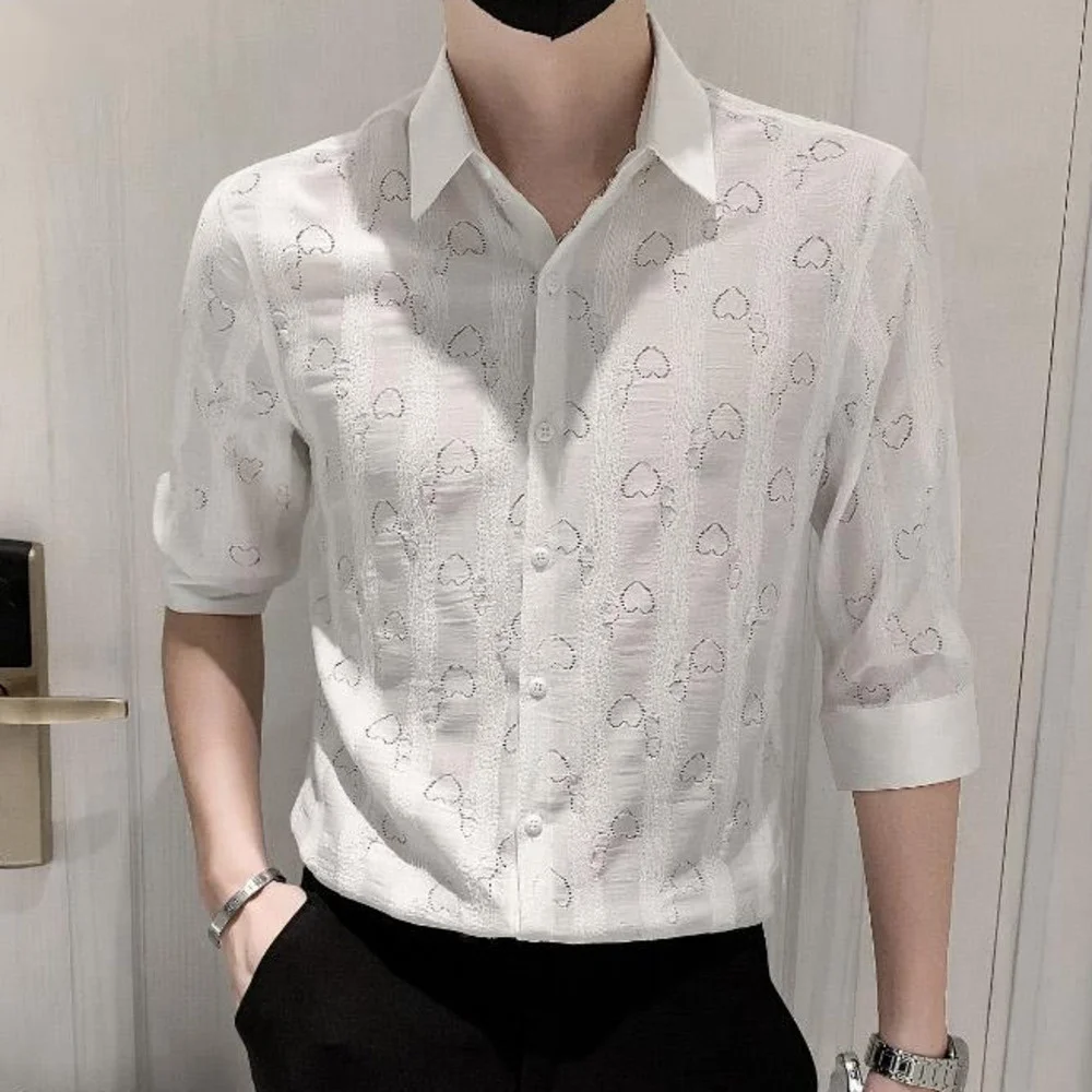 Half Casual Heart Pattern Sleeve Shirt Male Streetwear Retro Sexy Dress Black Shirt White Stage Men Clothing Camiseta Masculina