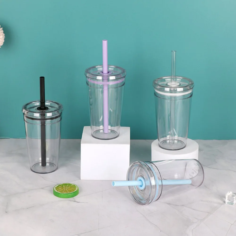 Portable 450ml Straw Cup Transparent Reusable Coffee Cup Plastic Single Layer Car Tumbler Office