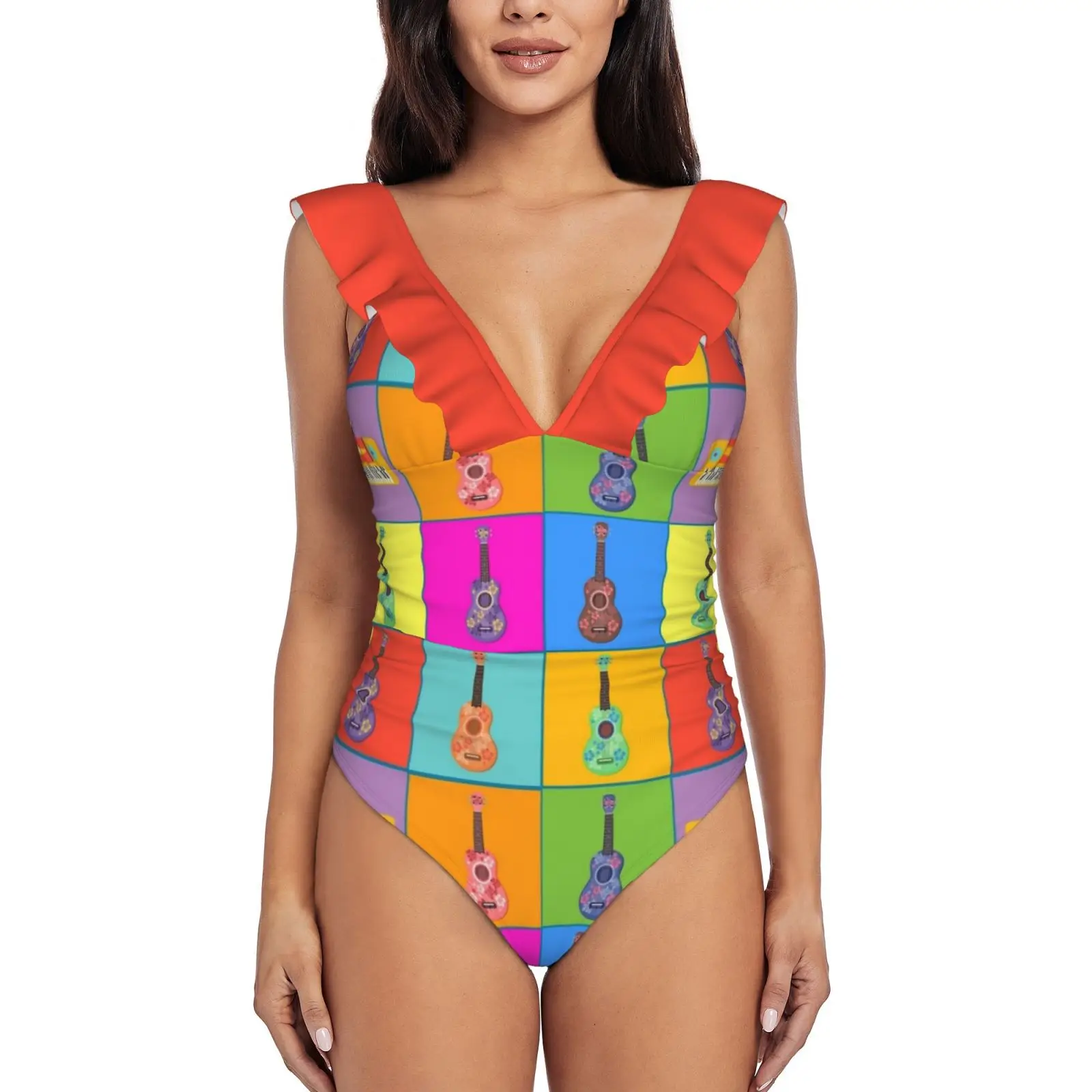 

Pop Ukulele Art Women'S Ruffle One Piece Swimsuit Bodysuit One Piece Swimwear Bathing Suit Beachwear Ukulele Pop Art Music