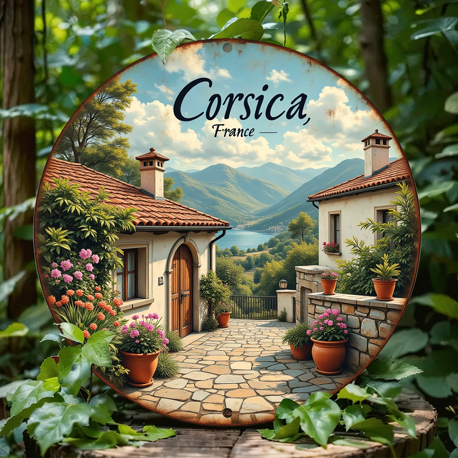 Vintage Aluminum Wall Art - Corsican Villas Landscape with Blooming Flowers & Mountains, Rustic Metal Wall Decor for Living Room