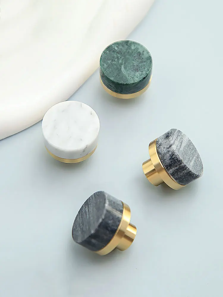 Natural Marble+Brass Nordic Cabinet Handles and Knobs Bedroom Wardrobe Pulls Round Drawer Knobs Natural Stone Furniture Hardware