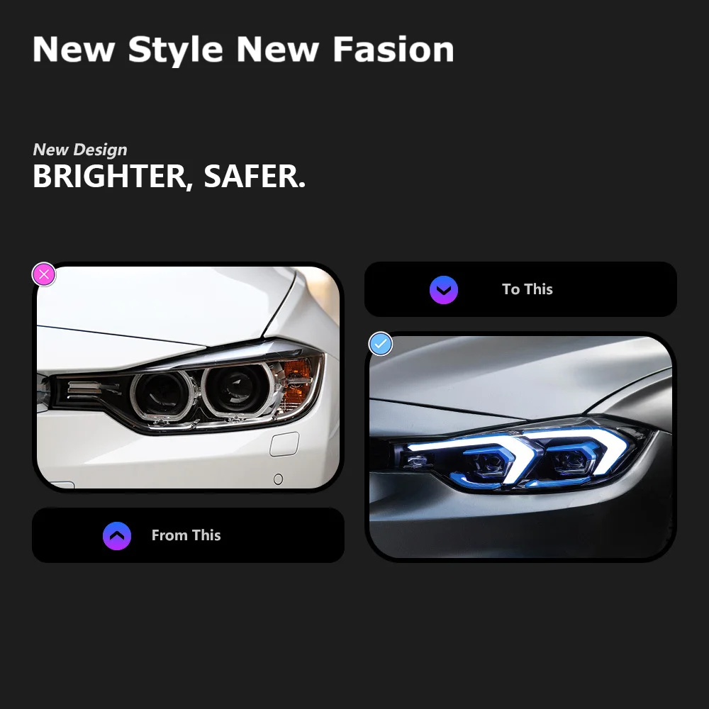 12-19년식 BMW F30 3 시리즈 개조 모델용 더블 훅 헤드라이트 어셈블리 및 방향지시등