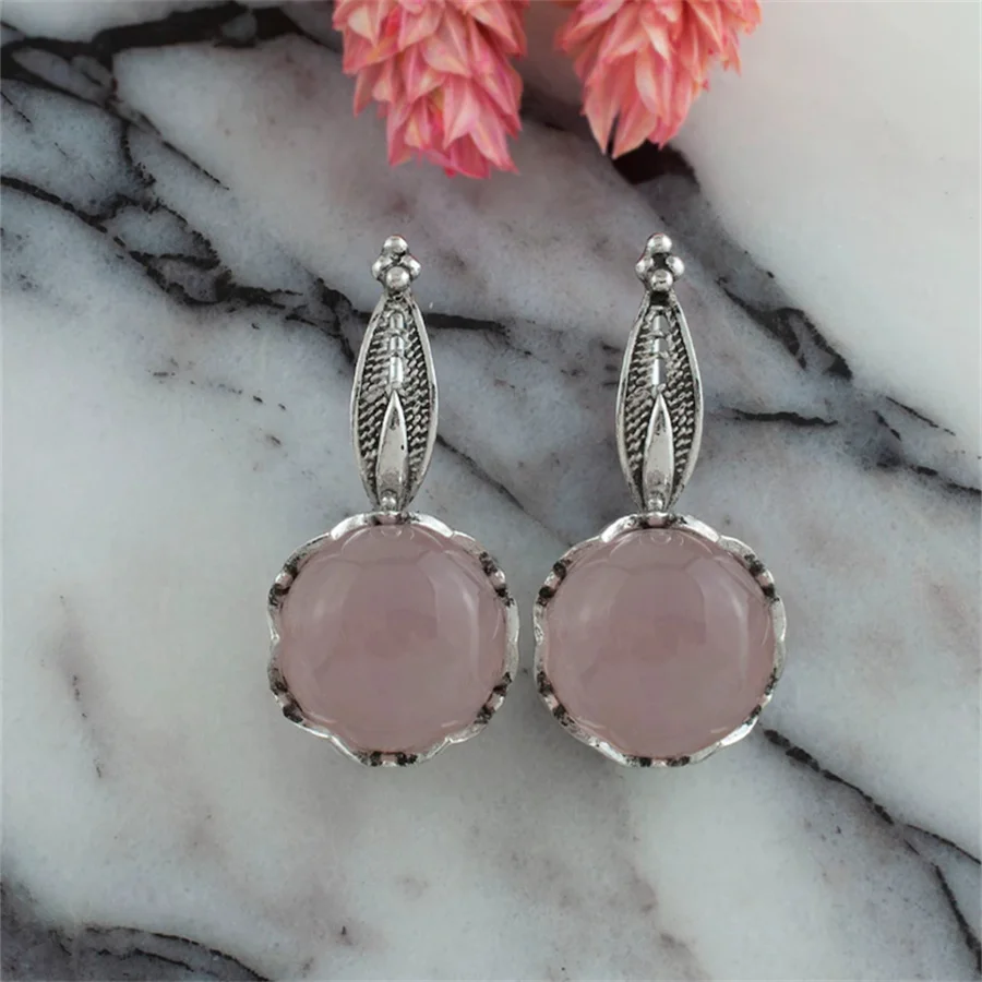Vintage Inlaid Pink Stone Dangle Women's Earrings Trendy Silvery Color Hand Carving Daily Wear Party Jewelry Anniversary Gift