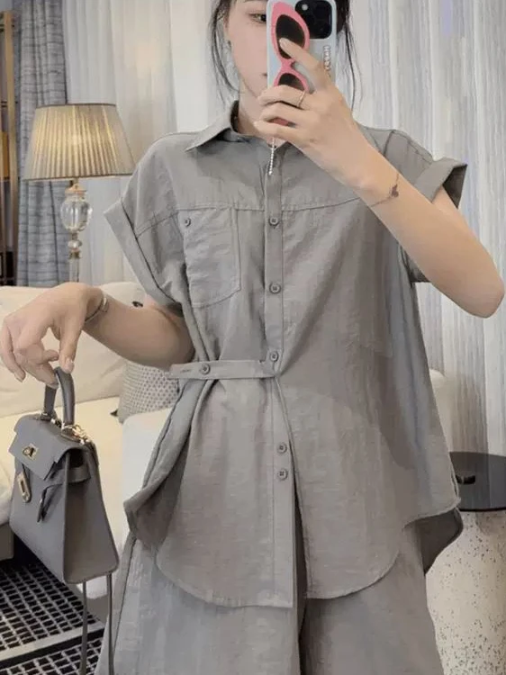 

Casual Fashionable Women's Set High Waist Short Pants Shirt Summer Korean Style Loose Youthful Cotton Collar Button up