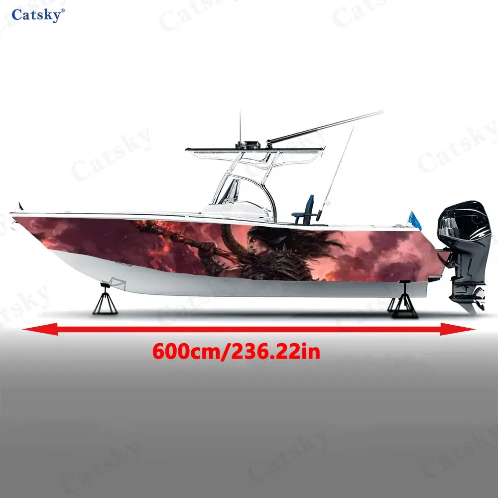 Boat Vinyl Graphic Wrap, Dark Demon Red Background Design, Durable Waterproof Material, Ideal for Speedboats Sport Boats