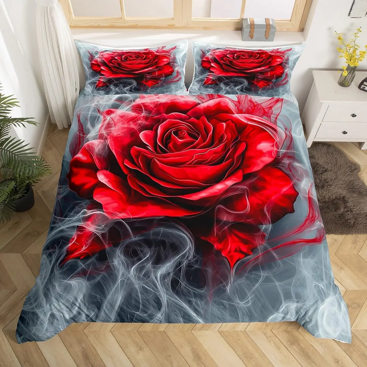 Rose Duvet Cover Rose Floral Bedding Set for Valentine's Day Mother's Day Romantic Flower Theme Twin King Polyester Quilt Cover