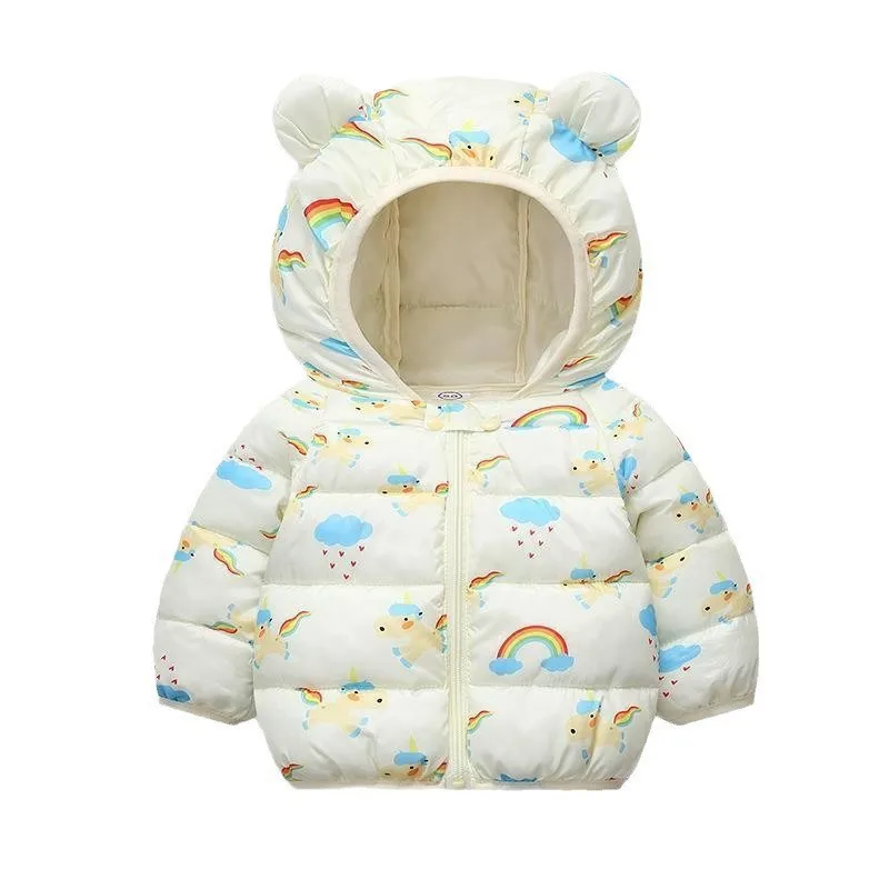 Winter warm down hooded jacket sweet cartoon print boy girl 0-6 year old 2023 Korean version new fashionable children\'s clothing