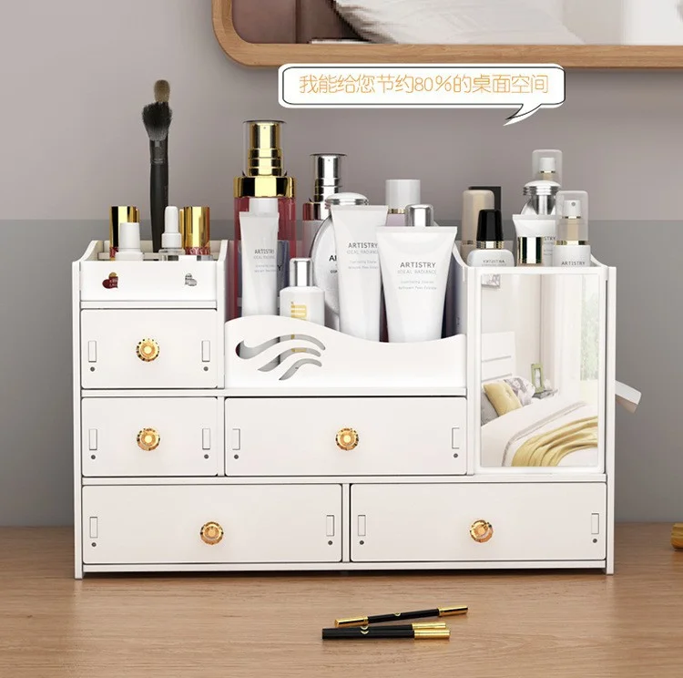 Desktop Makeup Organizer with Mirror, Multi-Drawer Cosmetic Storage Box with Tissue Slot for Vanity Dresser