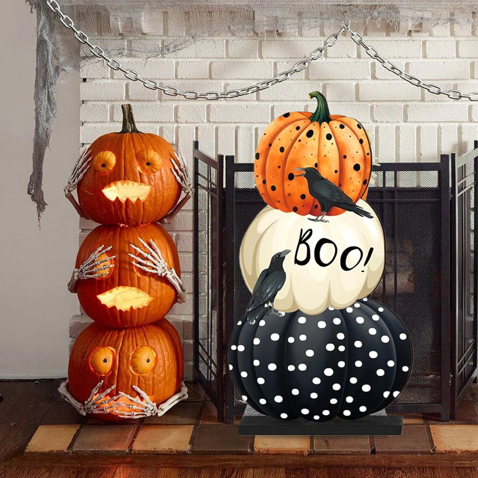 Halloween Wood Sign Stacked Pumpkin Tabletop Sign Freestanding Table Centerpiece for Home