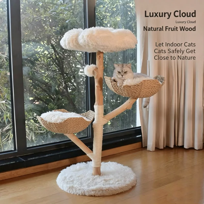 Cat Tree Tower Soft Plush Pad,Top Hanging Ball Toy,Rattan Nest,Sisal Scratch Board,Pet Game Furniture,Cat Tree and Scratch Board
