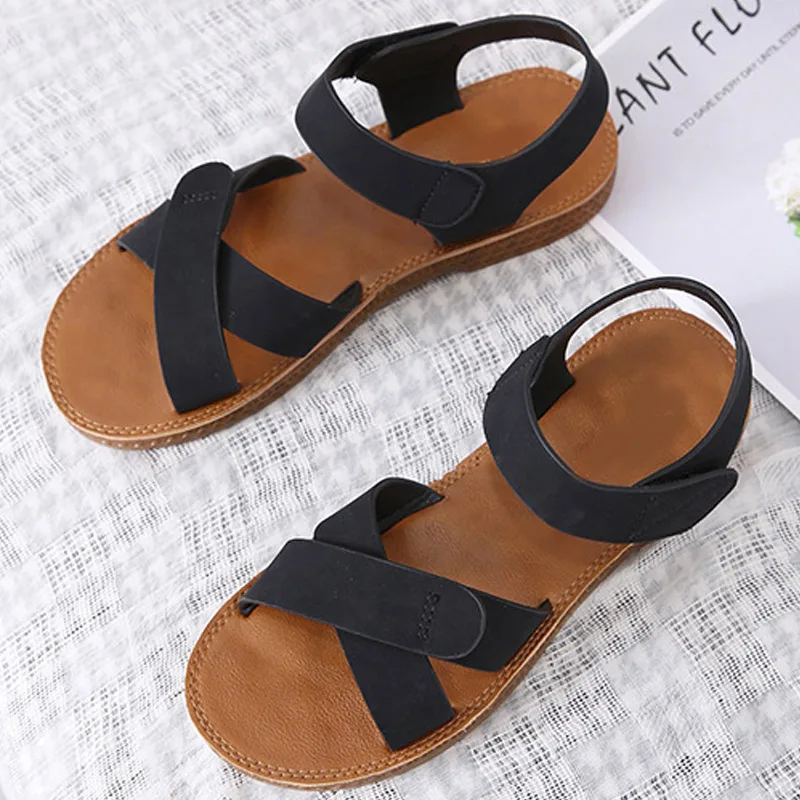 2022 Summer Women\'s Sandals PU Hook Loop Woman Flat Shoes Open Toe Classic Ladies Sandals Casual Rome Soft Leather Beach Shoes