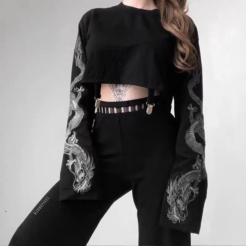 

2024 European American Black Dragon Long Sleeve Hoodie Short Hiphop Crop Top