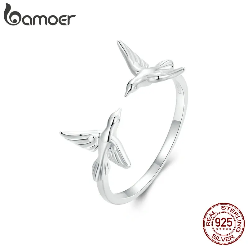 BAMOER Bird Rings for Women Sterling Silver Adjustable Kingfisher Ring Dainty Stackable Rings Cute Animal Ring for Bird Lovers