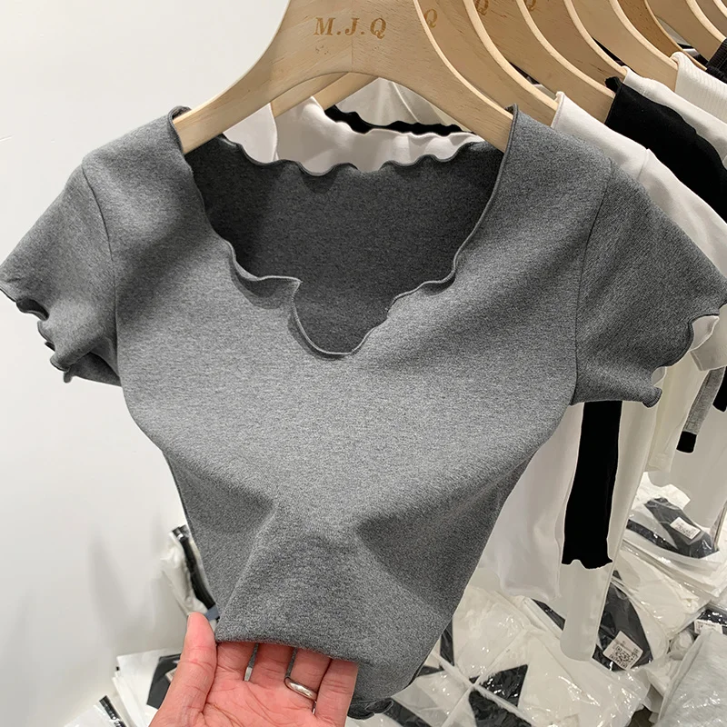 

Skinny Sweet Cool U-Neck Short t-shirt women korean slim tight Short Sleeve tees tops female solid color Bottoming Tshirt 2023