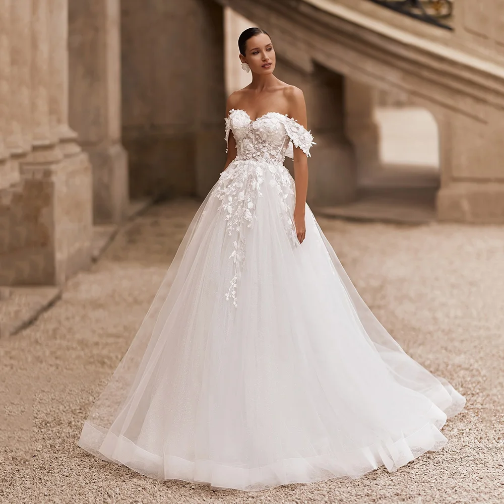 

Boho Wedding Dresses Off Shoulder Tulle Bridal Dress Romantic Lace Appliques A Line Wedding Gown Corset Bridal Dess Customized