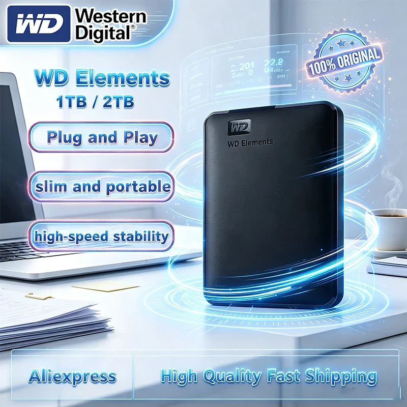 WD External Hard Drive 2.5" USB 3.0, Western Digital WD Elements Portable External HDD Hard Disk For Desktop PC Laptop, 2TB 1TB