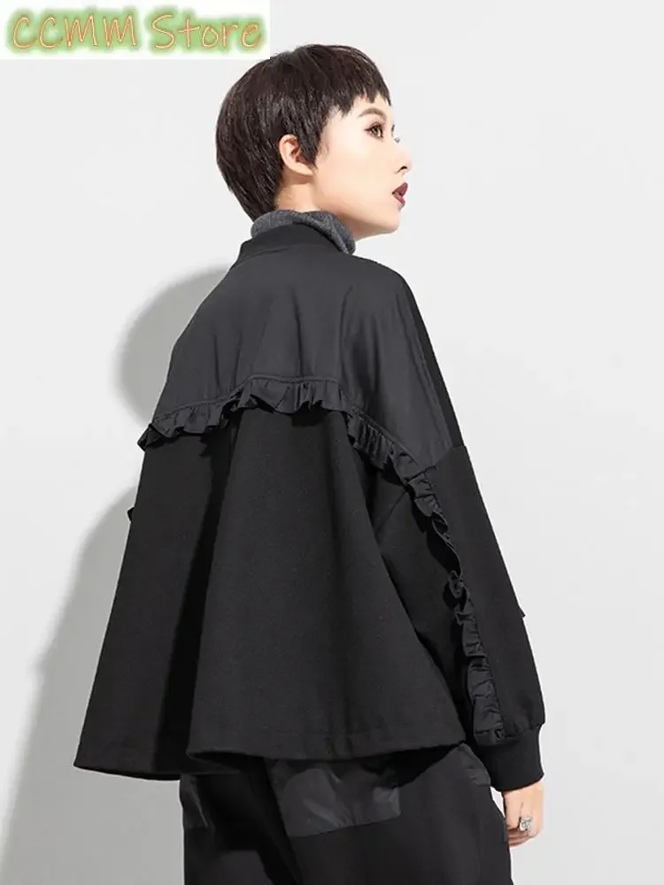 Loose Fit Black Pocket Ruffles Big Size Jacket New Stand Collar Long Sleeve Women Coat Fashion Autumn Winter