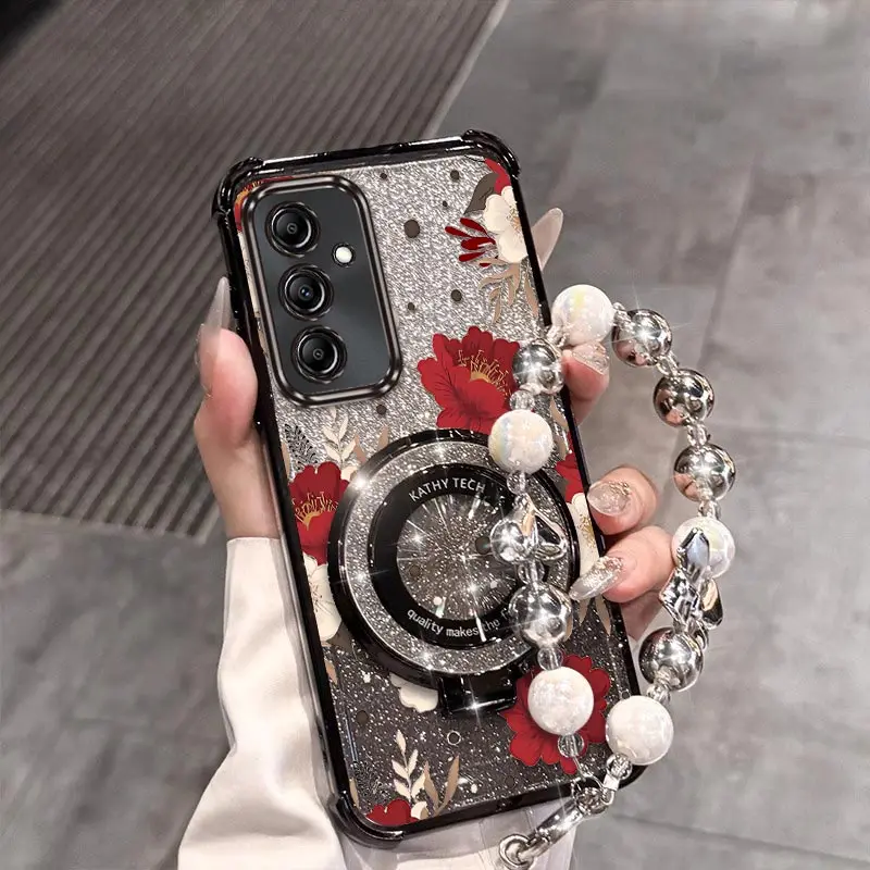 

A 35 Red peony Plating Bracelet Holder Phone Case For Samsung A33 A53 A32 A51 A34 A52 A35 A36 A73 A25 A26 A56 A55 A71 A24 Cover